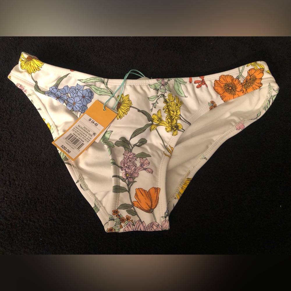Kona Sol White Floral Bikini Bottoms with Orange, Yellow, Blue Flowers